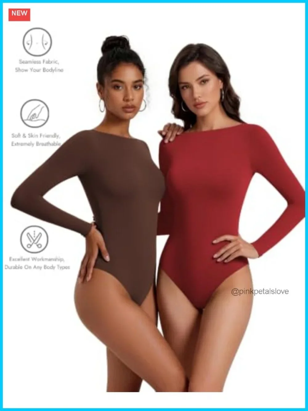 Long Sleeve Bodysuit Boat Neck Slim Fit Double Lined Stretch